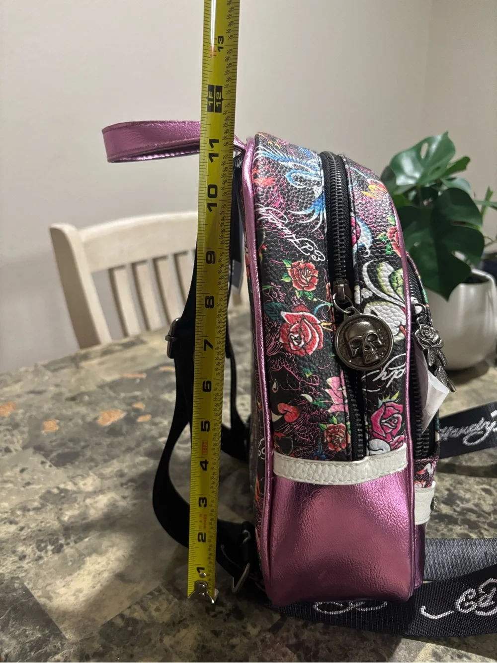 Ed Hardy Black Floral Skull Mini Backpack with Pink Accents